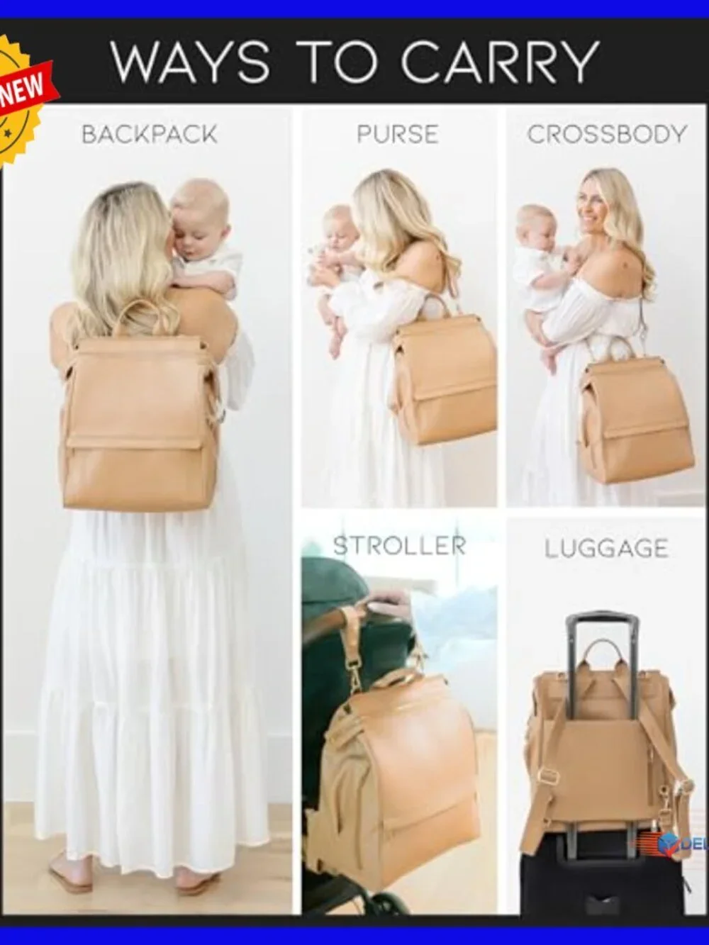 Leather Diaper Bag Backpack with USB Port, Changing Pad, Stroller Straps